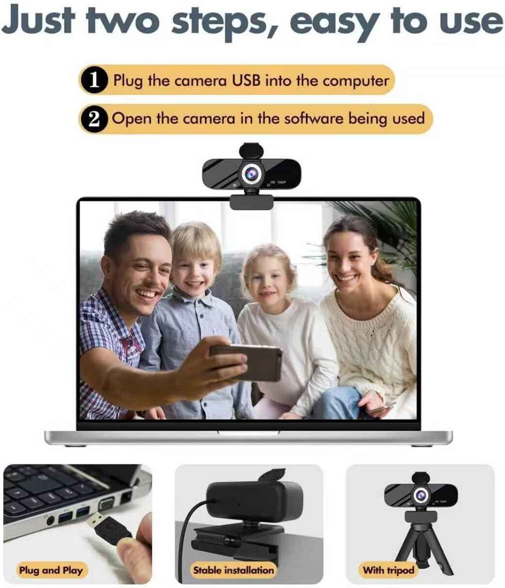 Tewiky 1080P Full HD Webcam with Microphone, Privacy Cover & Tripod – Plug & Play USB Web Camera for PC, Laptop & Desktop