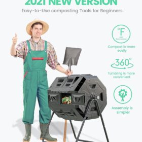 EJWOX 43 Gallon Dual Chamber Tumbling Composter - 2021 Upgraded Black Garden Compost Bin with Built-In Thermometer & Deep Groove Design for Efficient Rotting