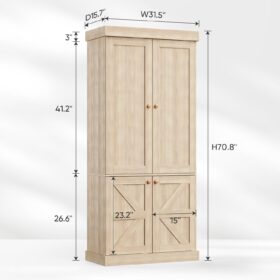 Vyre 70.8" Tall Farmhouse Bookshelf with Doors - Modular 4-Tier Storage Cabinet, Adjustable Shelves & Large Organizer for Home Office or Living Room (Brown, Set of 4)