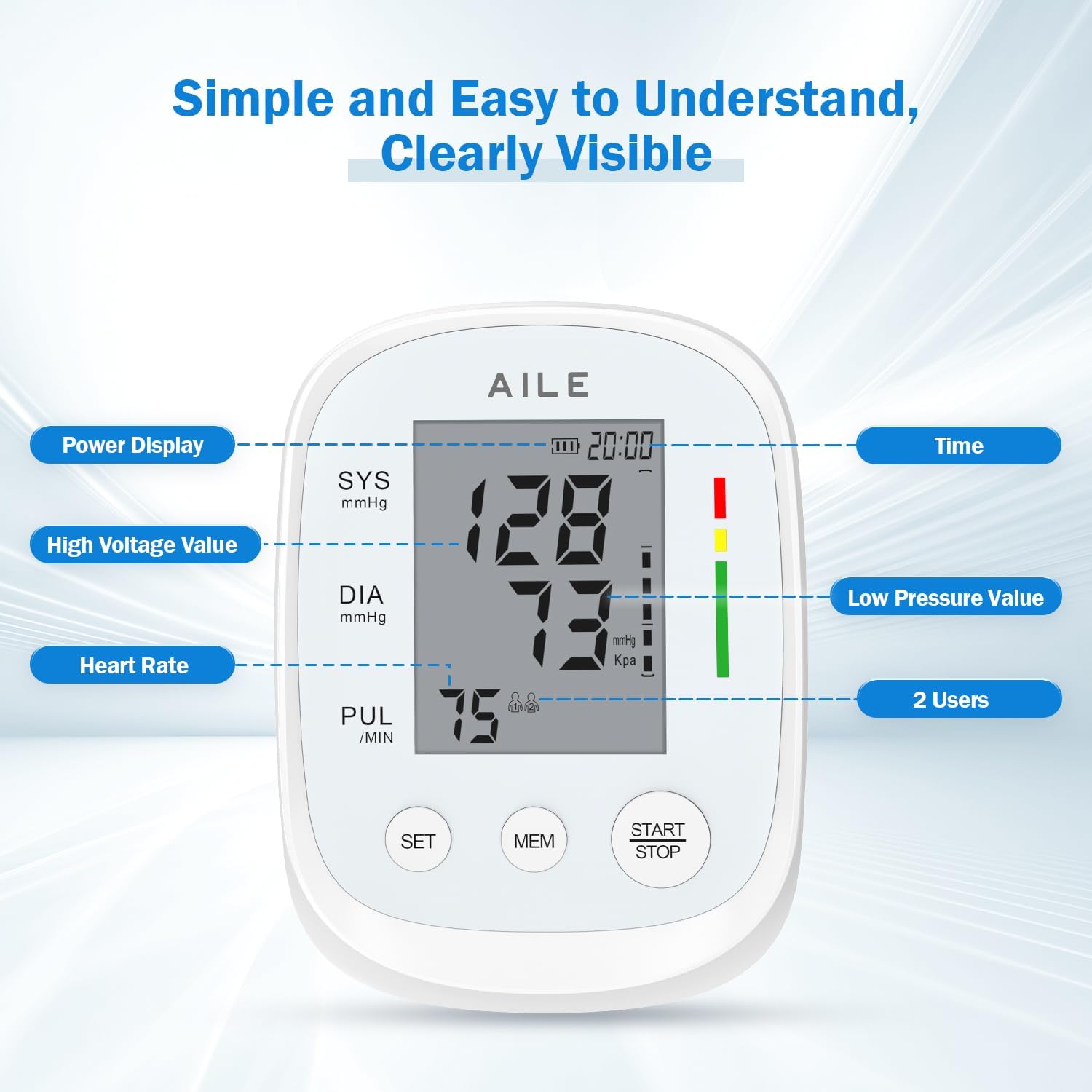 AILE Fully Automatic Upper Arm Blood Pressure Monitor with Large Adjustable Cuff (8.7"-16.5") - Dual User Memory & High Precision LCD Screen for Home Use