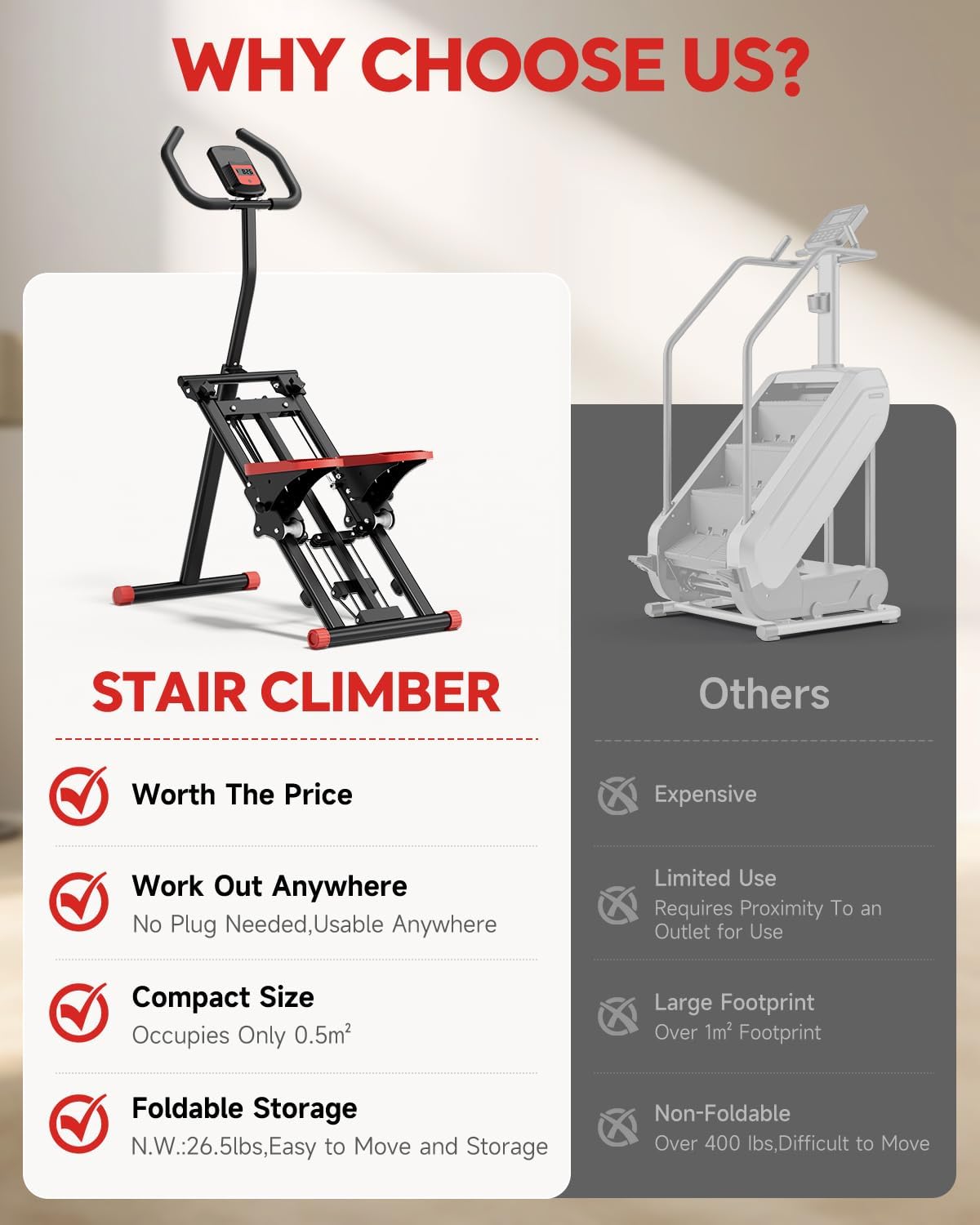 Compact Foldable Stair Stepper with Resistance Bands – Ultra-Quiet Home Cardio Machine with LCD Monitor, Non-Slip Pedals, and 3 Adjustable Height Levels