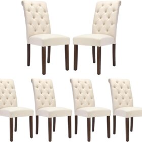 COLAMY Tufted Dining Chairs Set of 6 - Modern Beige Parsons Chairs with Linen Upholstery & Solid Wood Legs for Kitchen & Dining Room