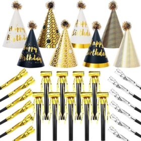 Luxury Black and Gold Birthday Party Pack - 30 Pcs Cone Hats and Noise Makers Set for Boys Men Adults