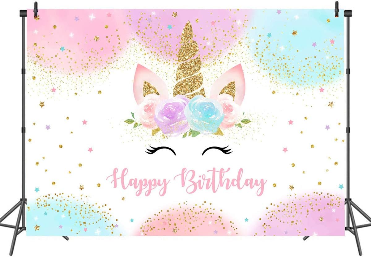Mocsicka Unicorn Backdrop for Girls Birthday Party Decorations - 5x3ft Pastel Rainbow Photography Banner with Glitter Stars & Dots