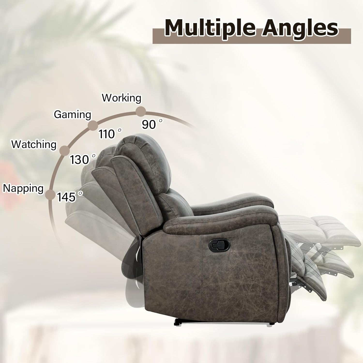 CANMOV Grey Leather Recliner Chair – Overstuffed Manual Reclining Sofa with Hidden Cup Holders and Lumbar Support