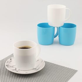 fulong Stackable Plastic Coffee Mugs with Handles - BPA Free, Unbreakable 13oz Cups - Microwave & Dishwasher Safe - 5 Piece Reversible Drinkware Set for Kids, RV, and Camping (Blue & White)