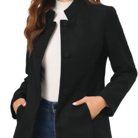 Allegra K Women's Classic Mid-Length Wool-Blend Single-Breasted Peacoat with Stand Collar