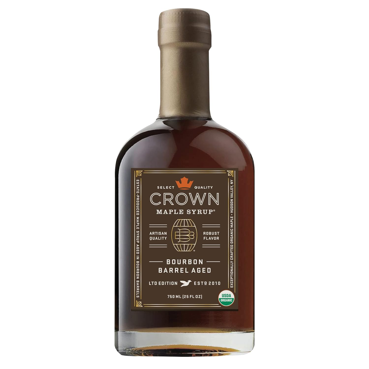 Crown Maple Bourbon Barrel Aged Organic Maple Syrup - 25 Fl Oz - 100% Pure, Grade A Dark Color & Rich Taste - Perfect for Pancakes, Waffles, Coffee, Cocktails, and Glazes