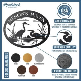 RealSteel Herons Monogram Metal Wall Art - Customized Coastal Egret & Crane Silhouette - Personalized Indoor & Outdoor Lake House Decor - Made in USA