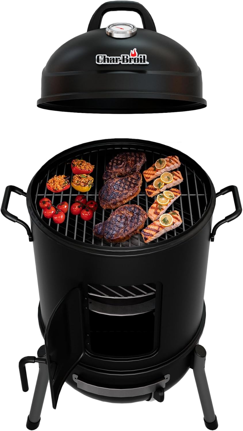 Char-Broil 16-Inch Bullet Charcoal Smoker - Black Porcelain Heavy-Duty Outdoor BBQ Grill with Temperature Control