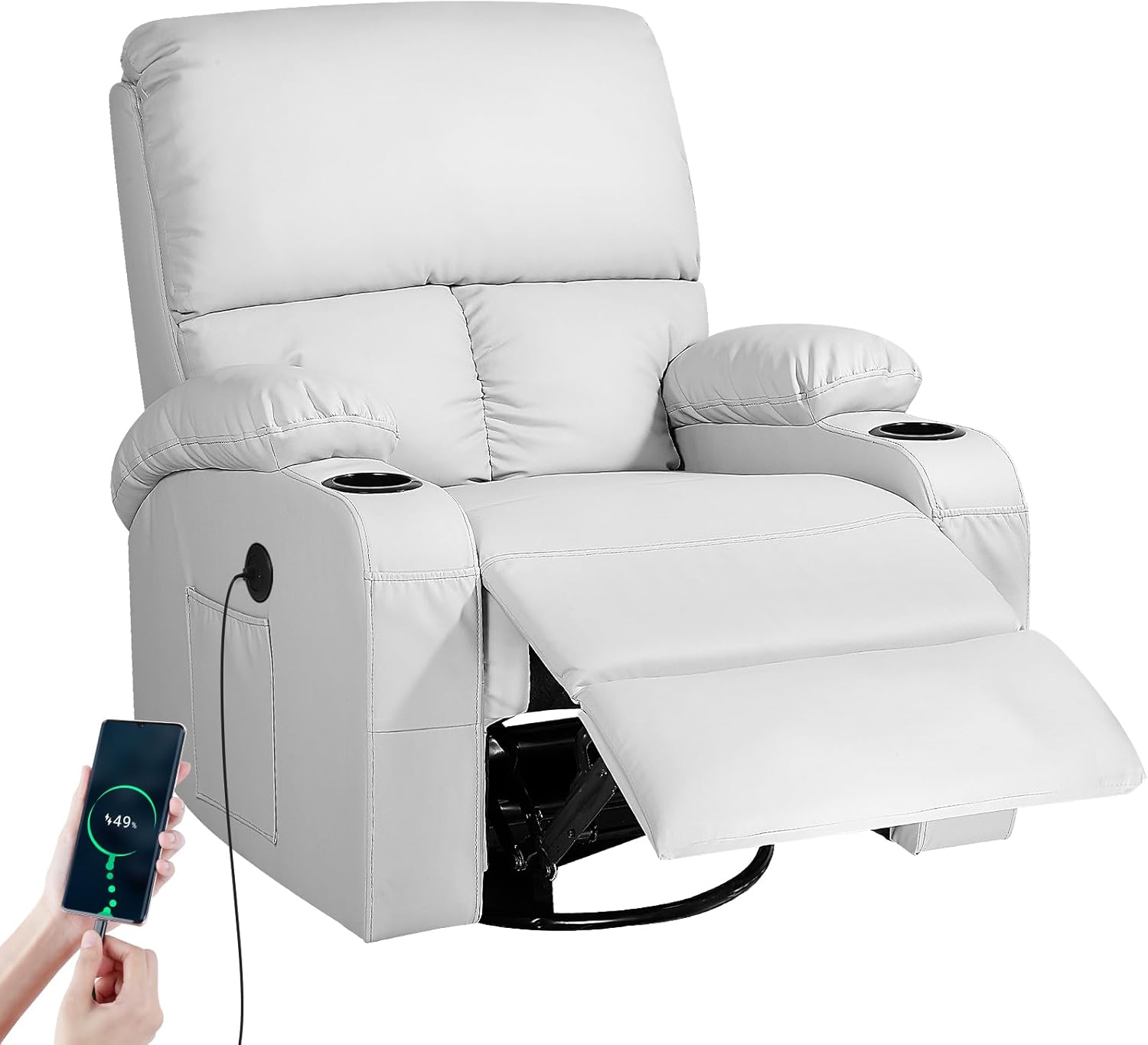 LEVELEVE Swivel Rocker Recliner with Heat & Massage - 360° Faux Leather Chair with USB & Type-C Ports, Light Grey