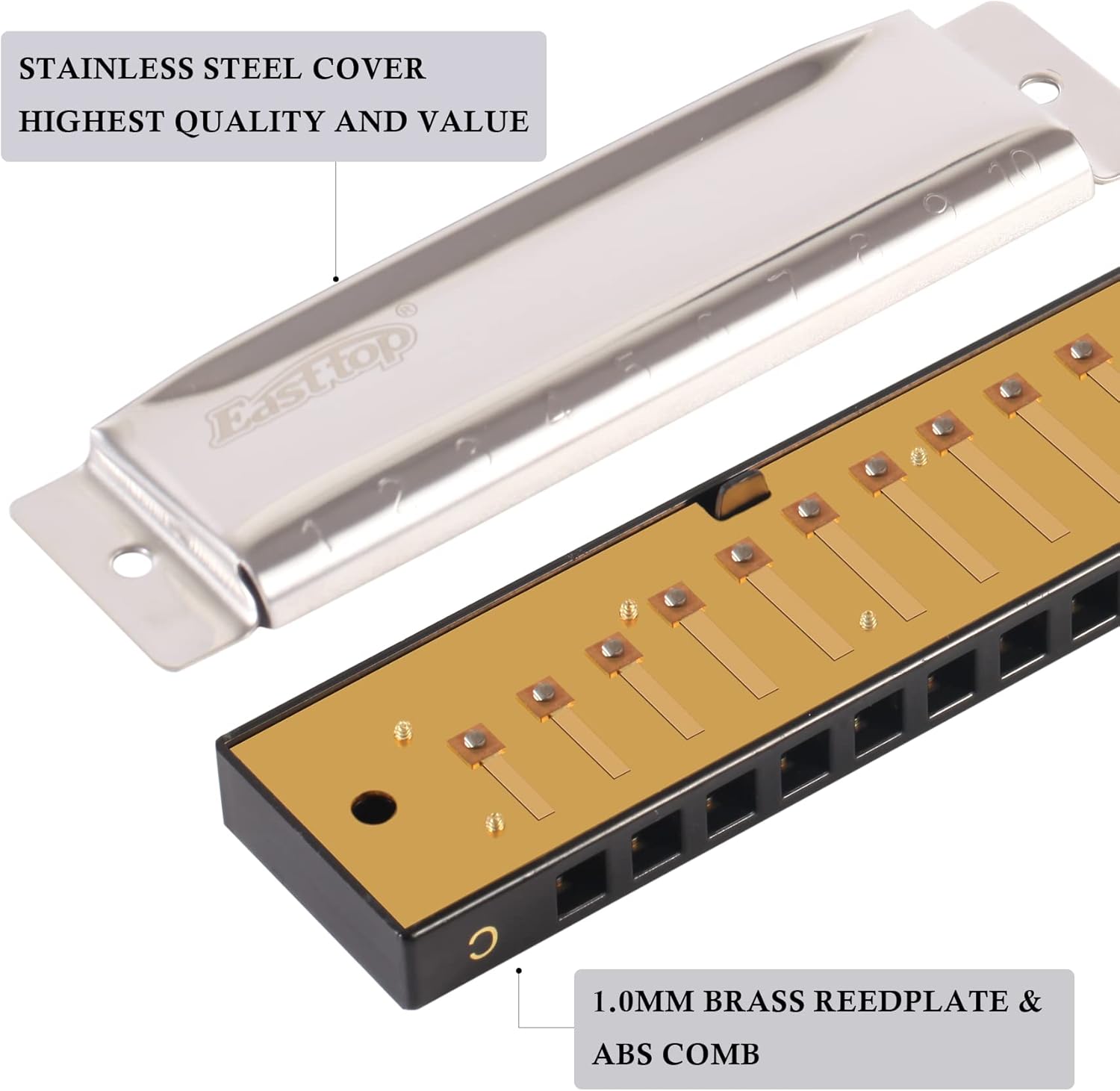 East top Diatonic Harmonica in C – Professional 10 Hole Blues Harp with Stainless Steel Cover & ABS Comb – Includes Zipper Case and Cleaning Cloth for All Skill Levels