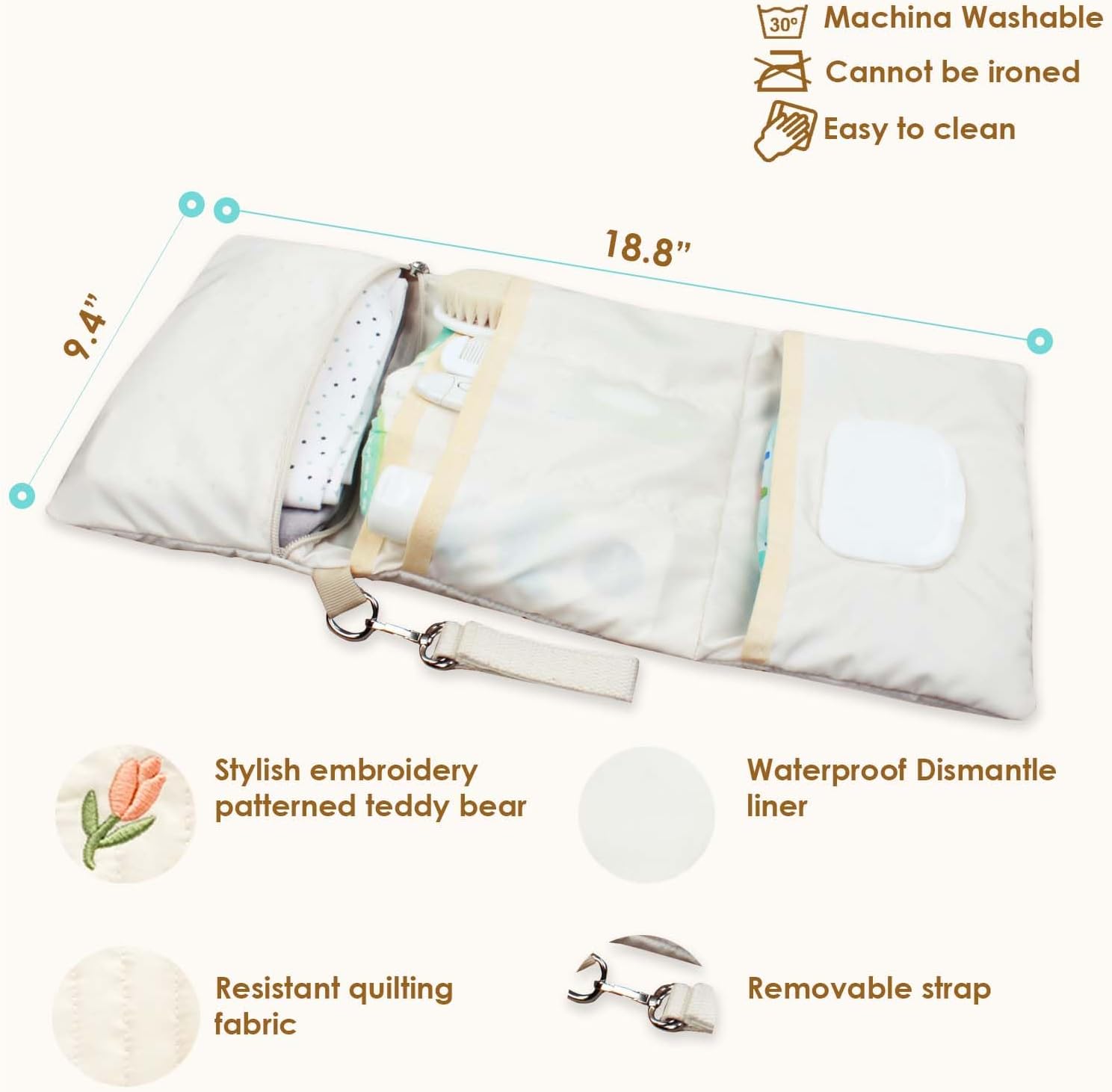Baby Diaper Bag Organizer with Stroller Straps – Portable, Waterproof Mini Travel Tote with Foldable Design & Cute Bear Embroidery – Ideal Baby Shower Gift for New Parents (Flower)
