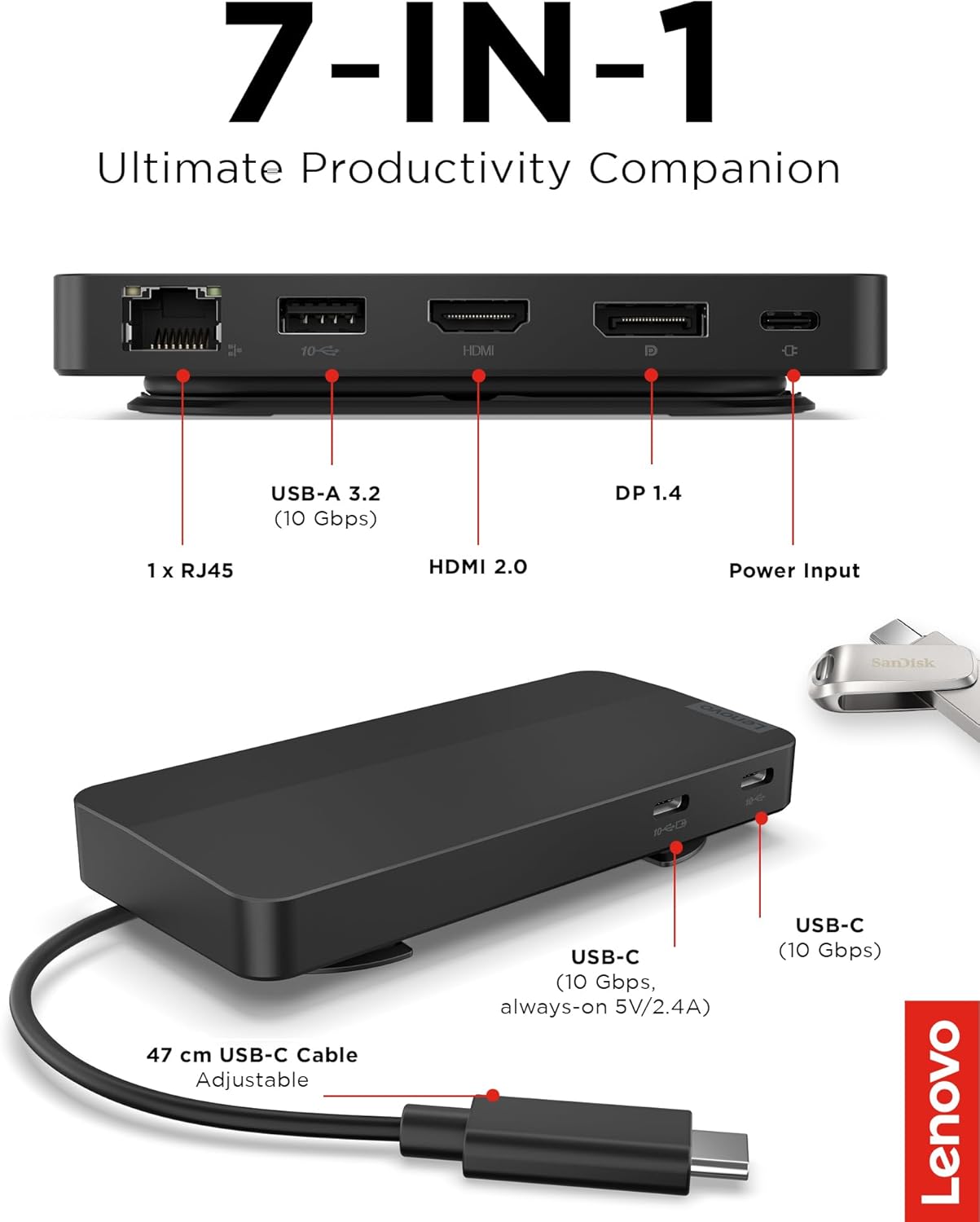 Lenovo USB-C Dual Display Travel Dock with Power Delivery – 7-in-1 Portable Hub, 4K Resolution Support, Integrated Cable (Black)