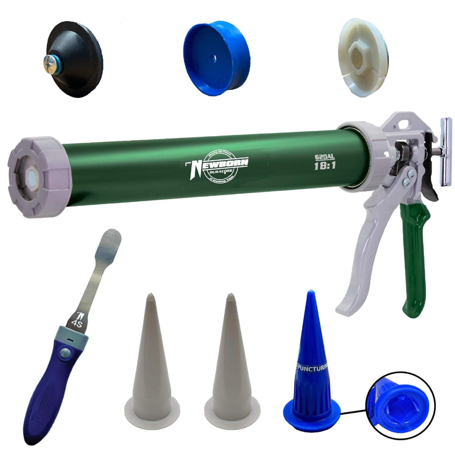 Newborn 620AL-Green 18:1 Thrust Round Rod Caulk Gun – 20 oz. Sausage & Bulk Capacity Aluminum Barrel with Accessories