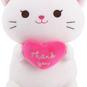 14inch Thank You Cat Plush, Soft White Kawaii Stuffed Animal Pillow, Cute Hugging Kitten Toy Gift for Kids & Adults