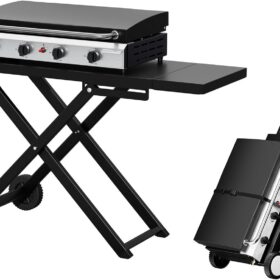 Bonnlo 4-Burner Propane Gas Grill - 40,000 BTU Portable Flat Top Griddle with Folding Cart, Side Shelf & Enamel Cooking Plate for Outdoor Camping & Backyard BBQ