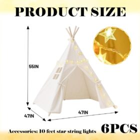 Quaocens 6-Pack Kids Teepee Tent Set with Fairy Lights – Collapsible Canvas Play Forts for Boys & Girls Indoor & Outdoor Slumber Parties