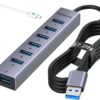FORIDA 7-Port USB 3.0 Hub with Smart Charging - 5Gbps High Speed Data Splitter, Aluminum Alloy Expansion Adapter with Long Cable for MacBook, Laptop, PC & PS5 (Gray)