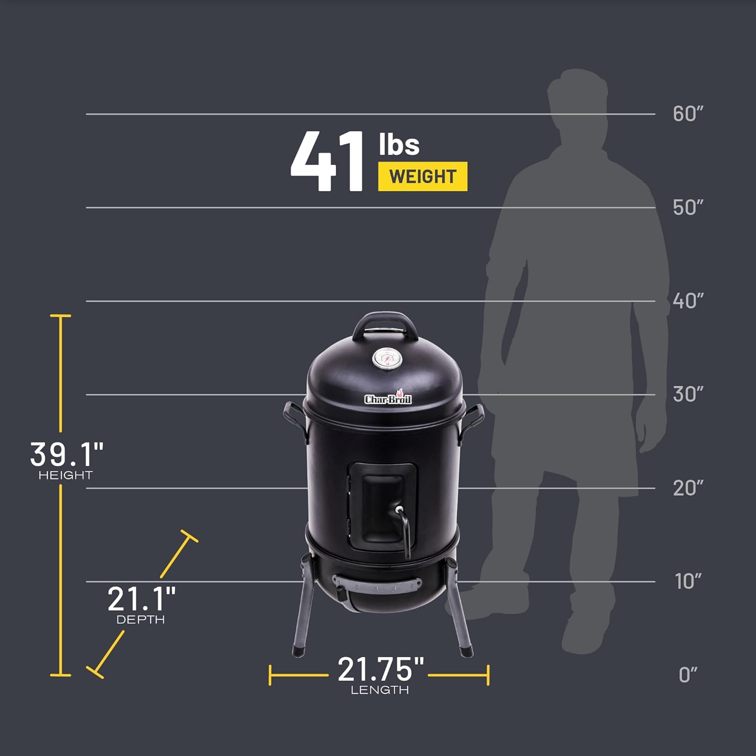 Char-Broil 16-Inch Bullet Charcoal Smoker - Black Porcelain Heavy-Duty Outdoor BBQ Grill with Temperature Control