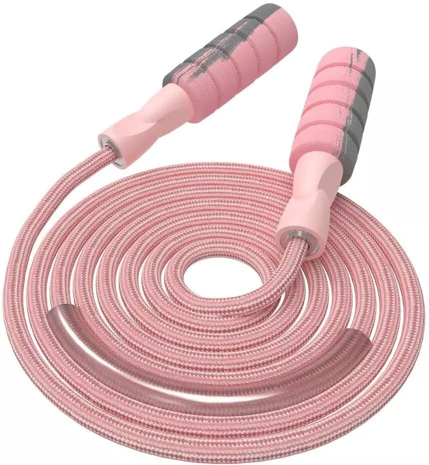 FITMYFAVO Adjustable Cotton Weighted Jump Rope for Fitness – Non-Slip Foam Handle, Durable 9ft Cardio Skipping Rope for Women, Men & Kids (Pink)