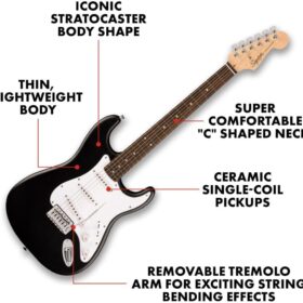 Squier by Fender Debut Series Stratocaster Electric Guitar - Beginner Starter Kit with Free Lessons, 2-Year Warranty, Slim "C" Neck, Matte Black Finish