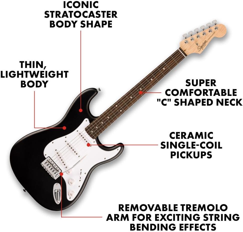 Squier by Fender Debut Series Stratocaster Electric Guitar - Beginner Starter Kit with Free Lessons, 2-Year Warranty, Slim "C" Neck, Matte Black Finish