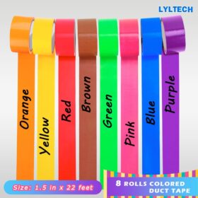 LYLTECH Rainbow Colored Duct Tape – 8 Pack Heavy Duty Waterproof Craft Tape, 1.5 Inch x 22 Ft Rolls (Orange, Yellow, Green, Pink, Red, Brown, Blue, Purple)