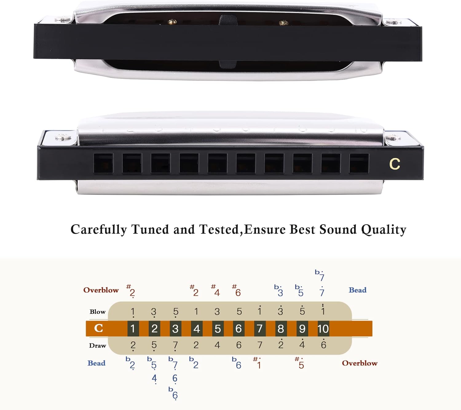 East top Diatonic Harmonica in C – Professional 10 Hole Blues Harp with Stainless Steel Cover & ABS Comb – Includes Zipper Case and Cleaning Cloth for All Skill Levels