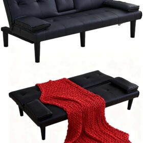 67" Convertible Futon Sofa Bed with Cup Holders - Splitback Adjustable Sleeper Couch in Black Faux Leather