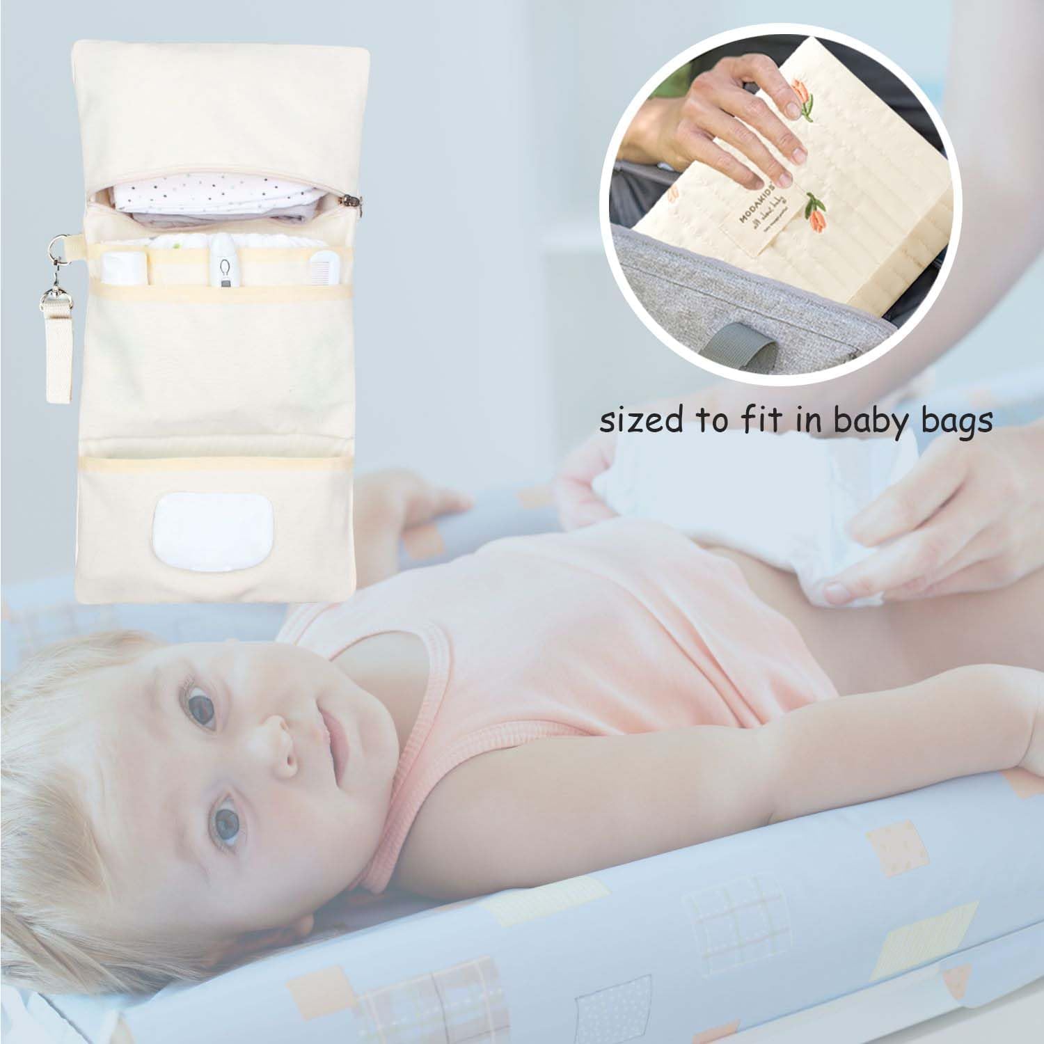 Baby Diaper Bag Organizer with Stroller Straps – Portable, Waterproof Mini Travel Tote with Foldable Design & Cute Bear Embroidery – Ideal Baby Shower Gift for New Parents (Flower)