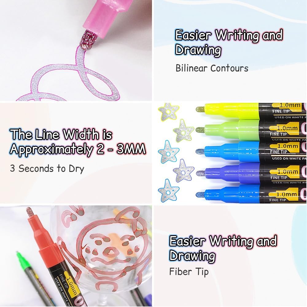 12-Color Metallic Double Line Outline Markers – Dual-Tip Glitter Pens for Scrapbooking, DIY Crafts, Greeting Cards & Art Projects