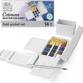 Winsor & Newton Cotman Water Colour Field Box Set | Portable Sketching Kit with 12 Half Pans, Travel Brush, & Mixing Palette