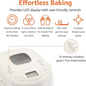 Amazon Basics 2 LB Programmable Bread Maker – 14-in-1 Non-Stick Automatic Machine with LCD Display, Gluten-Free & Dough Settings, White