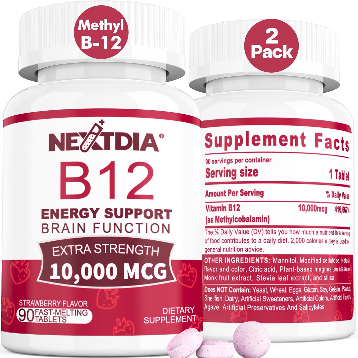 Methylcobalamin B12 10,000 mcg - 180 Count Sublingual Tablets - 6 Month Supply - Supports Energy, Metabolism & Cognitive Function - Vegan, Non-GMO, Natural Strawberry Flavor