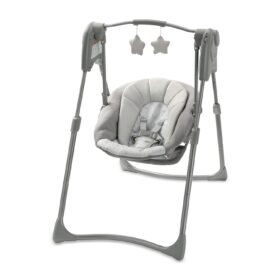 Graco Slim Spaces Compact Baby Swing – Portable, Space-Saving Infant Swing with Adjustable Legs & Plush Toys (Reign)