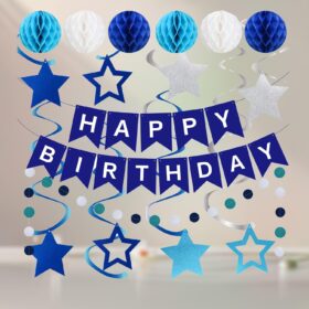 Blue Birthday Party Decorations Kit – Premium Honeycomb Balls, Swirls & Banner Set for Men, Women, Boys & Girls