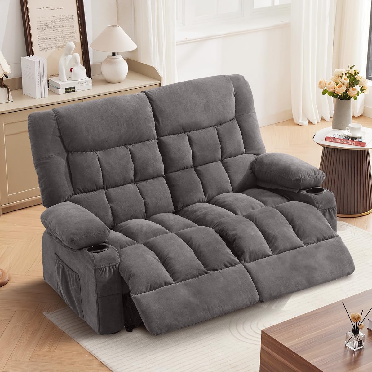MAHOMICO 2-Person Manual Recliner Loveseat with Cup Holders and Side Pockets – Oversized Living Room Reclining Sofa