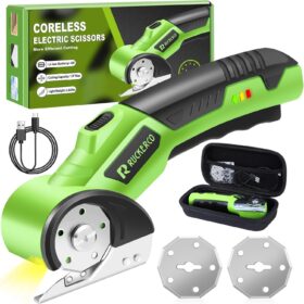 4V Cordless Electric Scissors – Rechargeable Rotary Box Cutter with 2 Blades, LED Light & Safety Lock for Cardboard, Fabric, Leather, Carpet & DIY Crafts