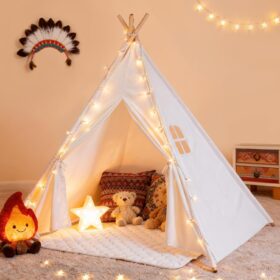 Kids Teepee Tent for Boys & Girls – Indoor & Outdoor Playhouse with Wood Poles, Portable Play Tent for Toddlers & Children (Grey & White Striped Design)