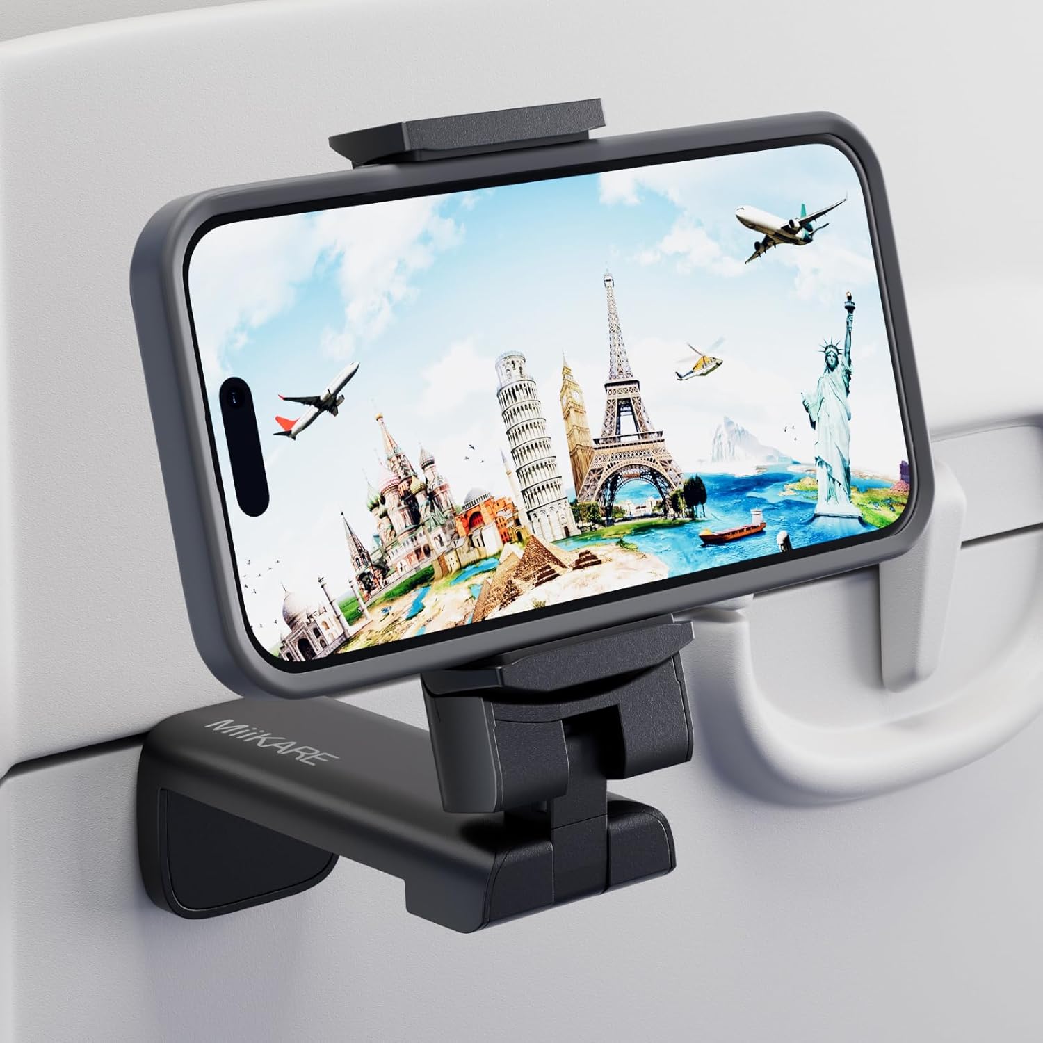 MiiKARE Airplane Travel Phone Mount – Universal Hands-Free Holder for Flight Tray Tables, Desks & Luggage – 360° Rotation & Portable Design