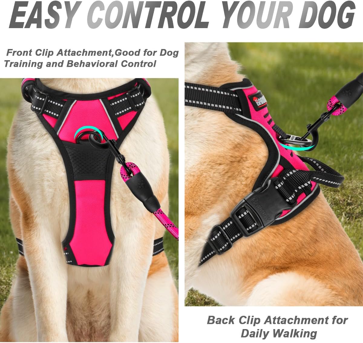 BARKBAY No-Pull Dog Harness with Front Clip & Handle – Heavy Duty Reflective Adjustable Vest for Large Dogs (Pink, Large)