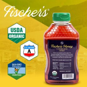 Fischer's 100% Organic Raw Honey – USDA Certified, 24 Oz Squeeze Bottle – Pure, Unfiltered & Unpasteurized – Natural Sweetener for Tea, Baking & Toasts