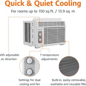 Amazon Basics 5,000 BTU Window Air Conditioner – Mechanical Controls, Easy-Install Kit, and Washable Filter for Rooms up to 150 Sq. Ft.