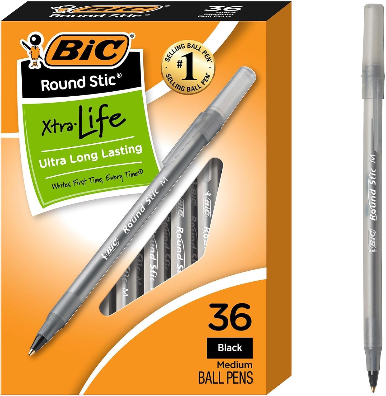BIC Round Stic Xtra Life Ballpoint Pens, 36-Count Black Ink Bulk Pack, Medium Point (1.0mm) - Flexible Barrel for Comfortable Writing