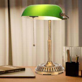 NISSAFORS Vintage Banker's Lamp – Emerald Green Glass Desk Lamp with Antique Brass Pull Chain Switch for Home Office, Library & Piano
