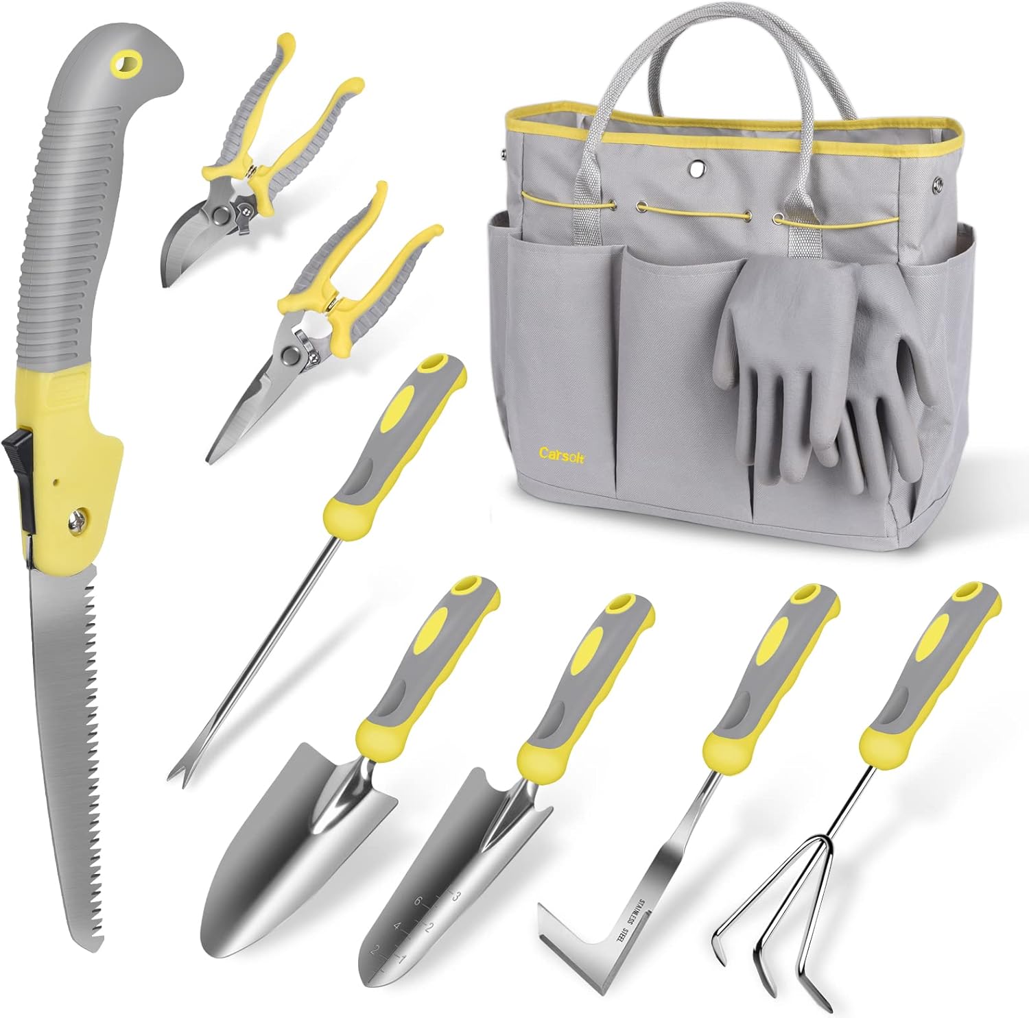 Carsolt Heavy Duty 10-Piece Stainless Steel Gardening Tool Set with Ergonomic Handles, Tote Bag & Gloves – Premium Gift Kit for Planting, Weeding & Digging