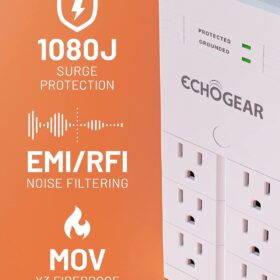 ECHOGEAR Low Profile Surge Protector – 6 Pivoting AC Outlets, 1080 Joules, Wall Mount Design for Home & Office (White)