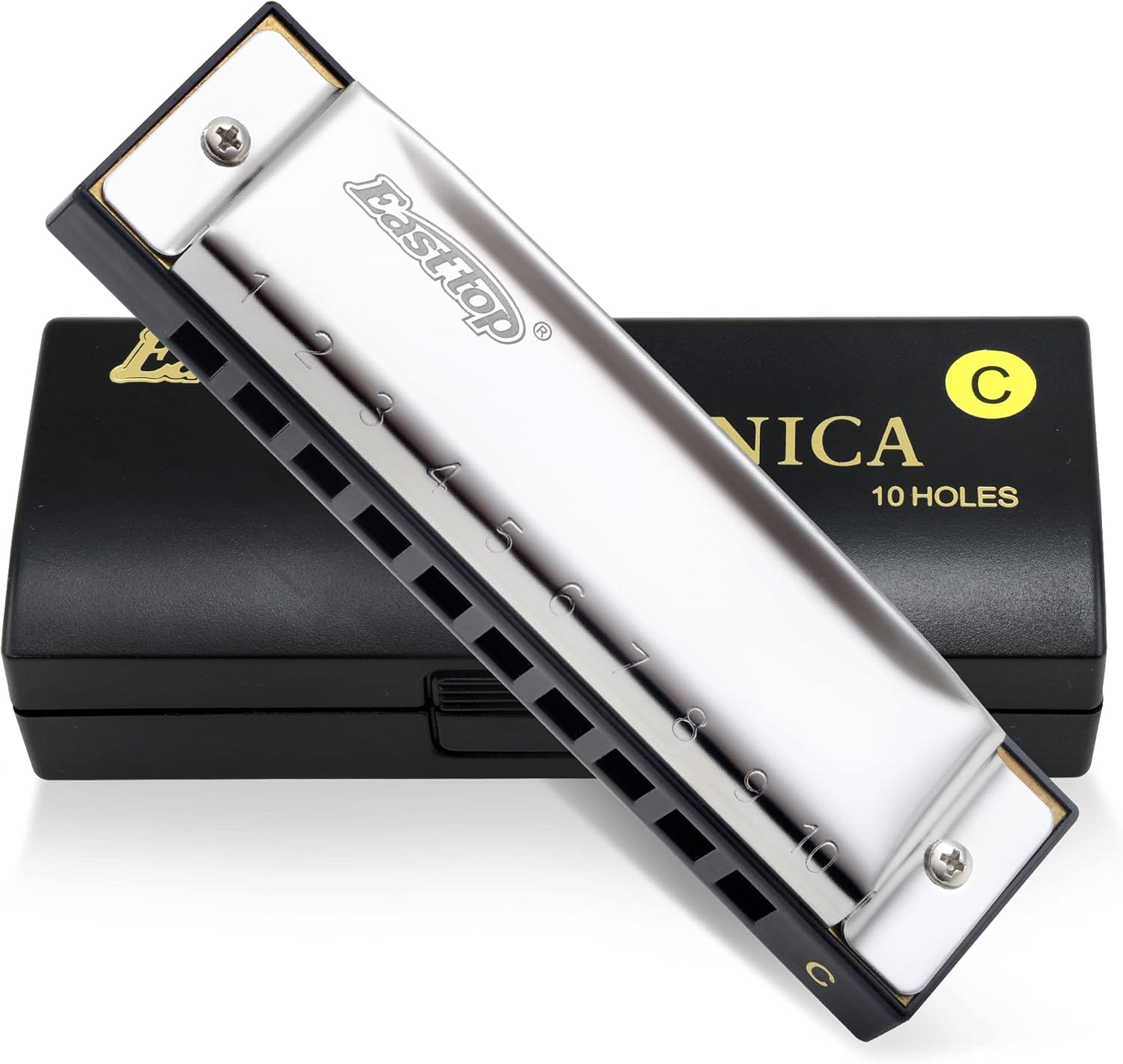East top Diatonic Harmonica in C – Professional 10 Hole Blues Harp with Stainless Steel Cover & ABS Comb – Includes Zipper Case and Cleaning Cloth for All Skill Levels