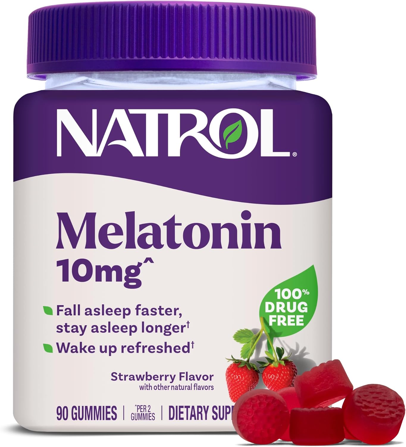 Natrol 10mg Melatonin Sleep Aid Gummies - 90 Count Strawberry Flavor - 45 Day Supply - Vegetarian, Gelatin-Free Supplement for Restful Sleep